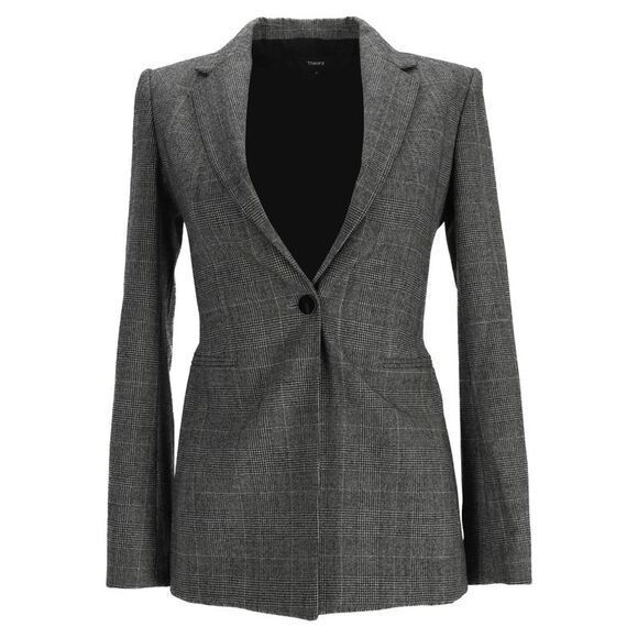 Theory Single-Breasted Plaid Slim-Fit Blazer in Grey Wool